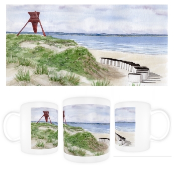Tasse Becher Kaffeebecher  Folienmagnet Aquarell Maritim Kunst Druck Kunstdruck Dänemark Nordsee Blokhus Bake Strand